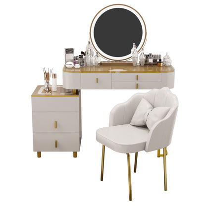 Vanity Table with Mirror,Transparent Desktop Design,Modern Vanity Set with Movable Cabinet,Large Capacity Drawers and Petal Chair for Bedroom