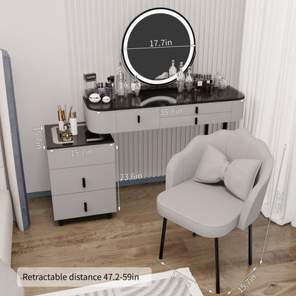 Vanity Set-Makeup Vanity Desk with Lighted Mirror,5 Solid Wood Drawers and Soft Petal Chair