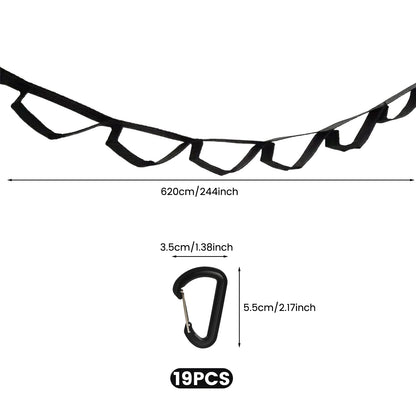 Campsite Storage Strap with 19 Separated Loops for Hanging Camping Equipment, Gear and Supplies | Includes Carabiner Hooks and Clothes Pins | Durable Campground Organizer Holds up to 150 LBS