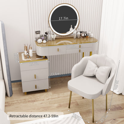 Vanity Table with Mirror,Transparent Desktop Design,Modern Vanity Set with Movable Cabinet,Large Capacity Drawers and Petal Chair for Bedroom