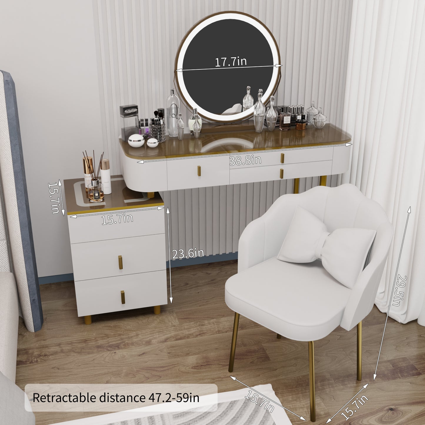 Vanity Table with Mirror,Transparent Desktop Design,Modern Vanity Set with Movable Cabinet,Large Capacity Drawers and Petal Chair for Bedroom