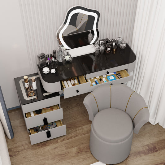 Makeup Vanity Set with Lighted Mirror and Drawers, Makeup Vanity Table with Storage Cabinet and Vanity Chair, 3 Color Light Adjustable Brightness