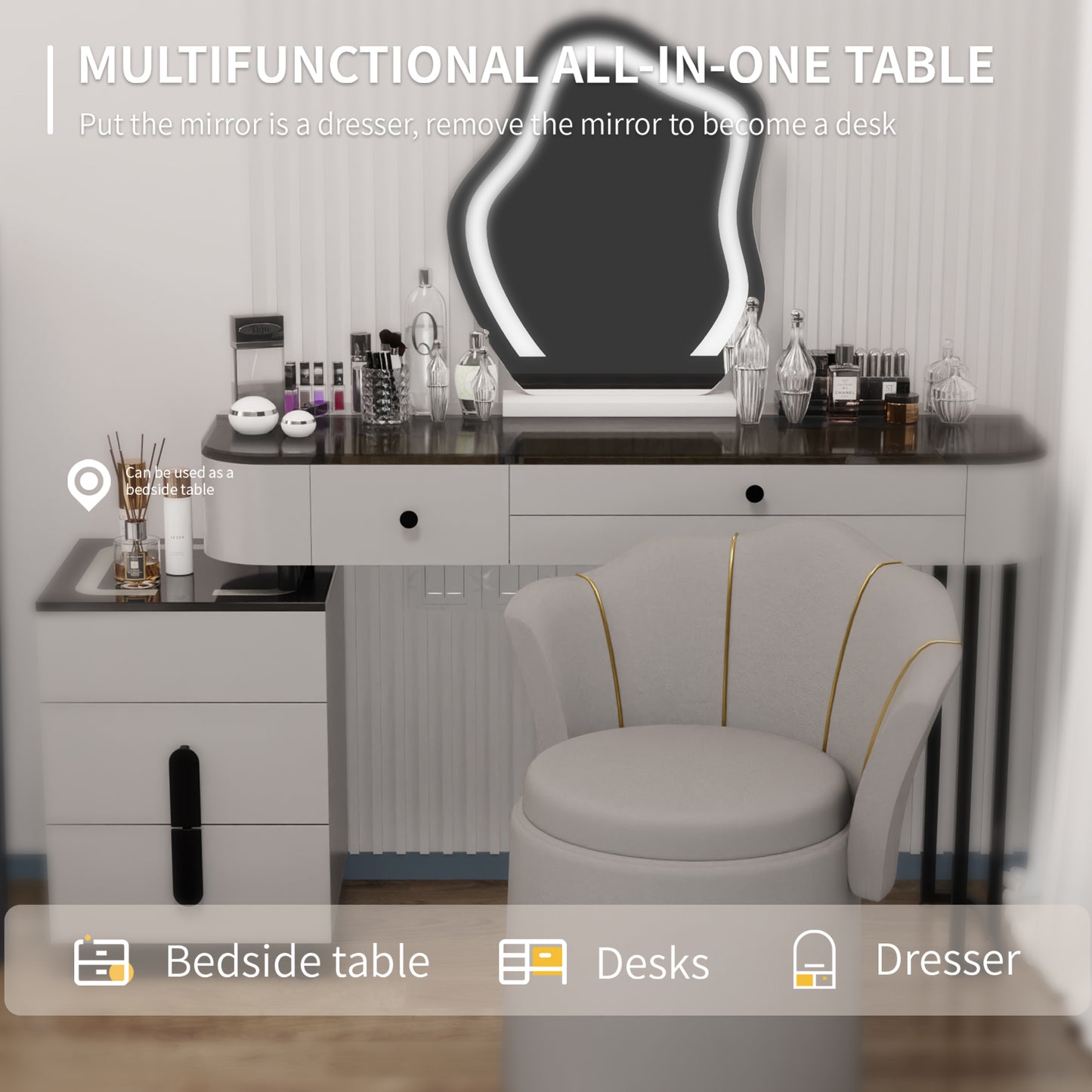Makeup Vanity Set with Lighted Mirror and Drawers, Makeup Vanity Table with Storage Cabinet and Vanity Chair, 3 Color Light Adjustable Brightness