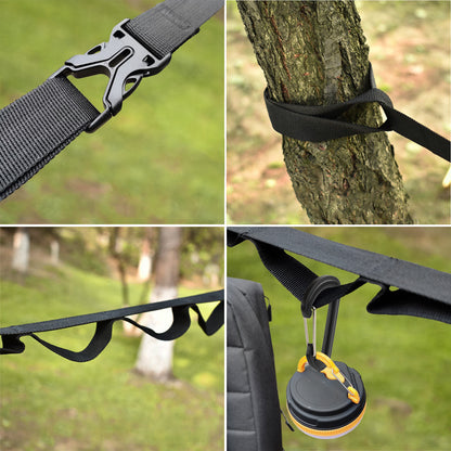Campsite Storage Strap with 19 Separated Loops for Hanging Camping Equipment, Gear and Supplies | Includes Carabiner Hooks and Clothes Pins | Durable Campground Organizer Holds up to 150 LBS