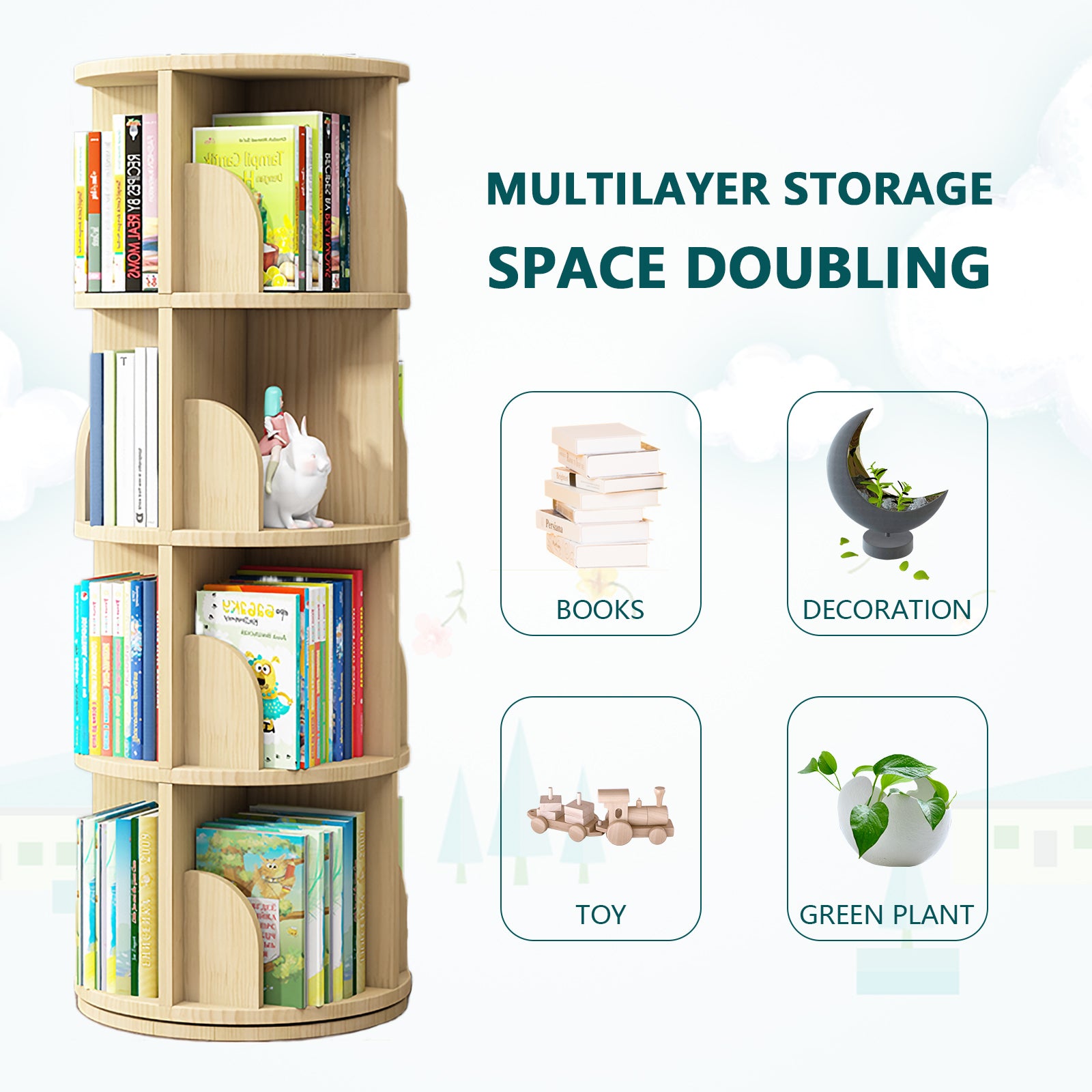 Rotating Bookshelf for Small Space,360 Display 4 Tier Floor
