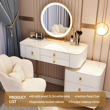 Makeup Vanity Table with Storage Cabinet and Vanity Chair,Vanity Desk with 3 Color Light Adjustable Brightness Lighted Mirror and Drawers(White)