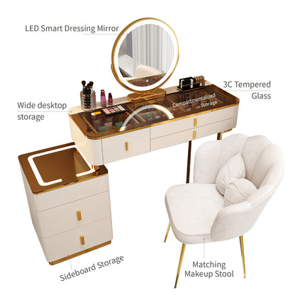 Vanity Table with Mirror,Transparent Desktop Design,Modern Vanity Set with Movable Cabinet,Large Capacity Drawers and Petal Chair for Bedroom