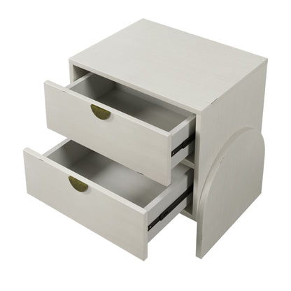 Square Bedside Table with 2 Drawer,End Table Adorned with Bronzed Semi-Round Handle,Retro Style Rubber Wood Veneer Side Table for Living Room