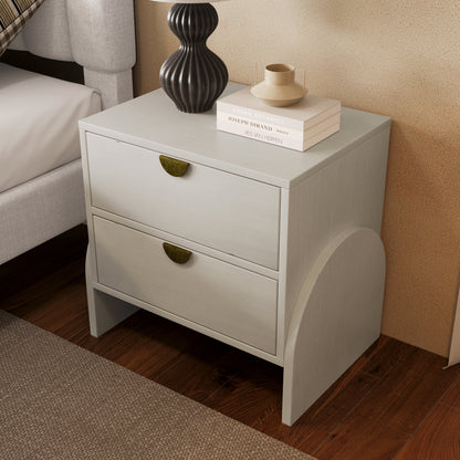 Square Bedside Table with 2 Drawer,End Table Adorned with Bronzed Semi-Round Handle,Retro Style Rubber Wood Veneer Side Table for Living Room