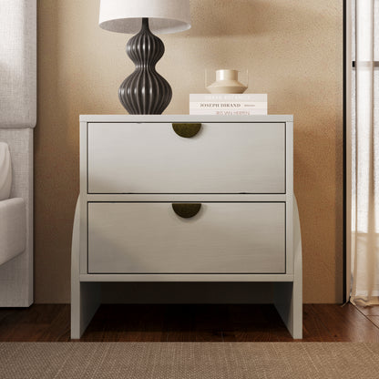 Square Bedside Table with 2 Drawer,End Table Adorned with Bronzed Semi-Round Handle,Retro Style Rubber Wood Veneer Side Table for Living Room