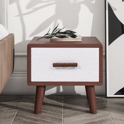 Square End Table Side Table with 1 Drawer Adorned with Embossed Patterns,15”Tall Wood Legs and Handles for Living Room(Brown)