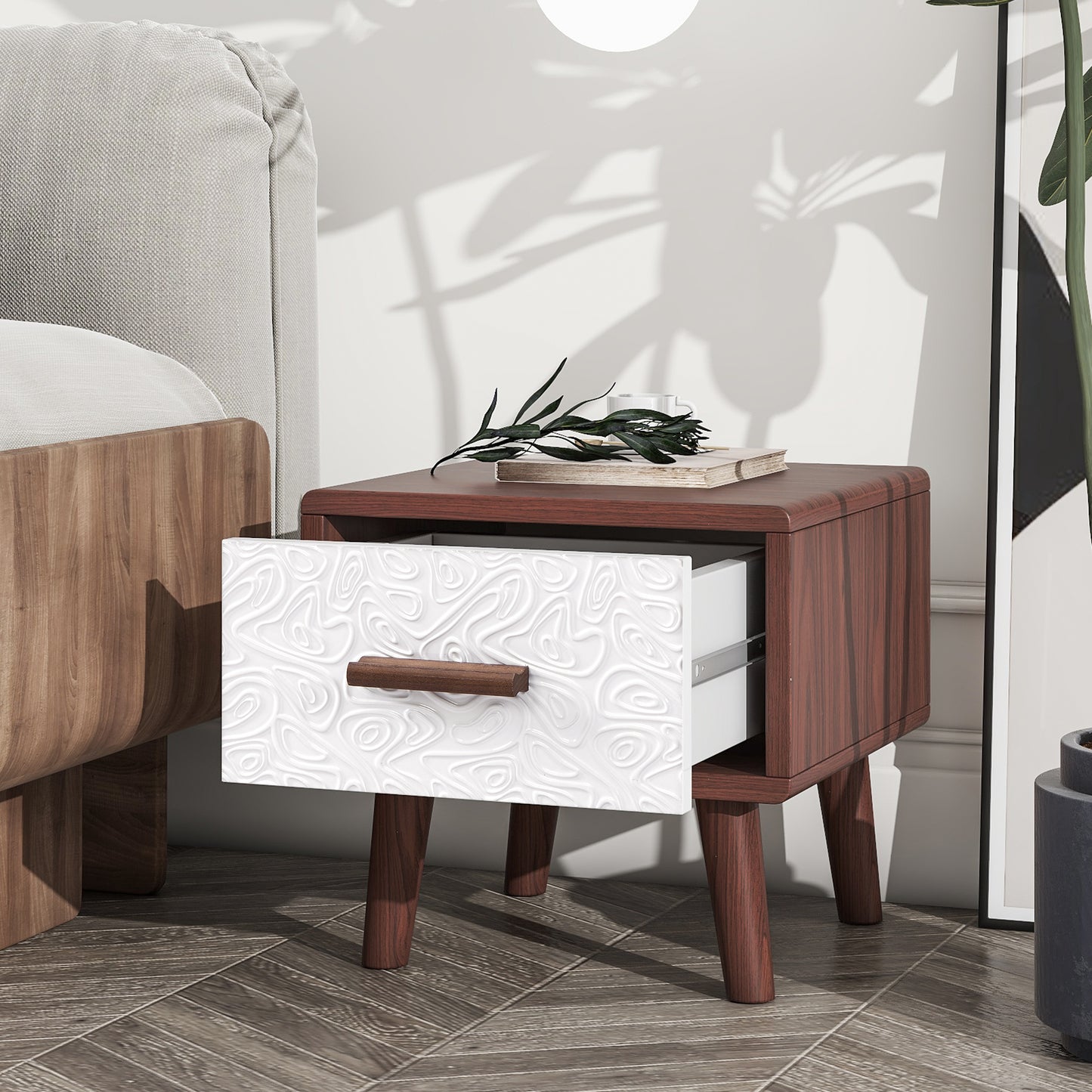 Square End Table Side Table with 1 Drawer Adorned with Embossed Patterns,15”Tall Wood Legs and Handles for Living Room(Brown)