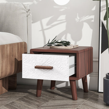 Square End Table Side Table with 1 Drawer Adorned with Embossed Patterns,15”Tall Wood Legs and Handles for Living Room(Brown)