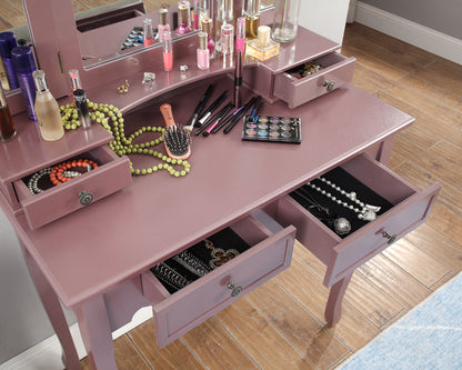 Wooden Vanity Make Up Table and Stool Set, Dresser with Mirror Stool Storage Box,Rose Gold