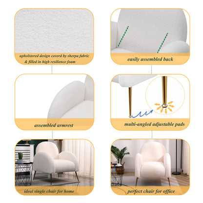 Sherpa Armchair with Gold Legs,Fluffy Upholstered Chair with High Back,Modern Boucle Accent Reading Side Chairs,Cozy Armchair for Living Room,Bedrooms,Dorm,Reading Corner