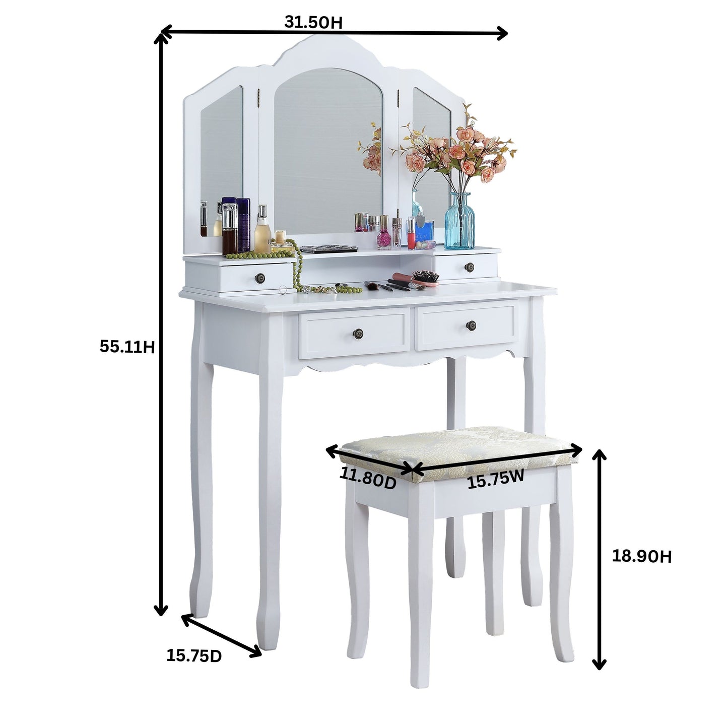 Wooden Vanity Make Up Table and Stool Set, Dresser with Mirror Stool Storage Box,Rose Gold