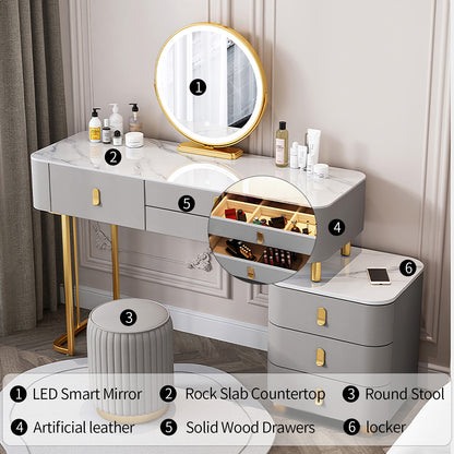 Makeup Vanity Table with 5 Solid Wood Drawers and 3 Color Light Adjustable Brightness