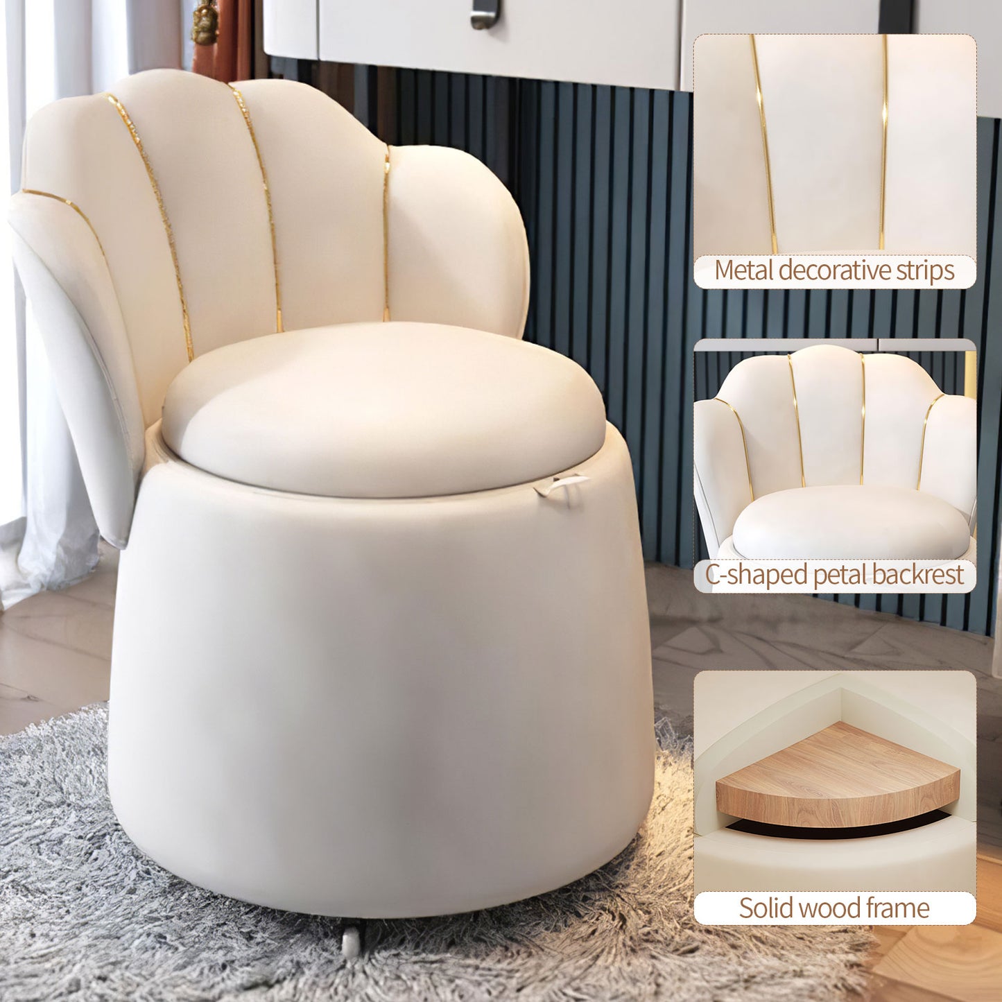 Makeup Vanity Chair,Begonia-Shaped chair Vanity Stool with Built-in Storage and Comfortable Backrest (White)