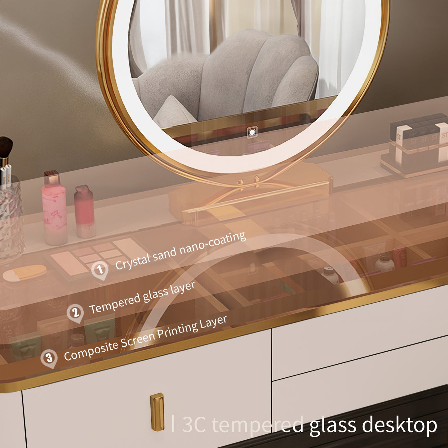 Vanity Table with Mirror,Transparent Desktop Design,Modern Vanity Set with Movable Cabinet,Large Capacity Drawers and Petal Chair for Bedroom