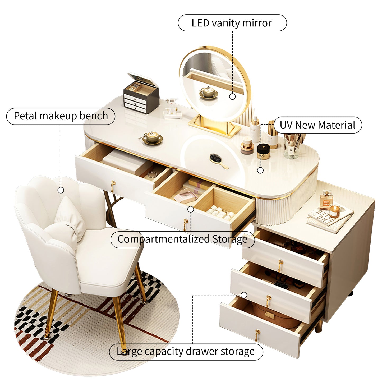 White Makeup Vanity Desk with Smart Adjustable 3-Color Lighted Mirror,5 Solid Wood Drawers&Petal Chair, Modern Dressing Table Suitable for Bedroom, for Girls Women Gifts