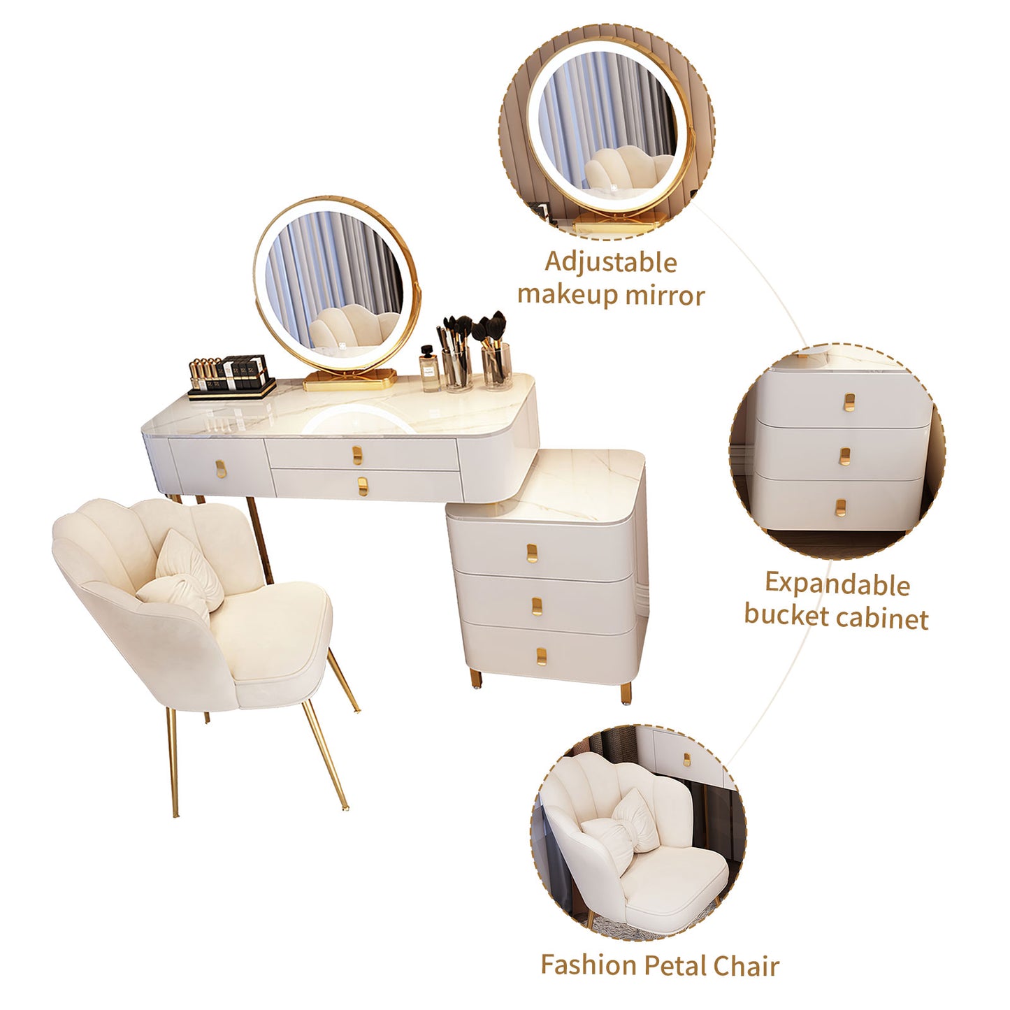 Makeup Vanity Table with Storage Cabinet and Vanity Chair,Vanity Desk with 3 Color Light Adjustable Brightness Lighted Mirror and Drawers(White)