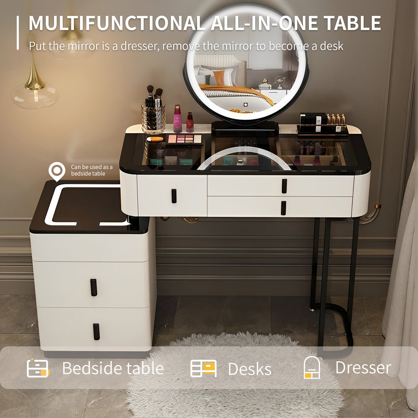 Vanity Set-Makeup Vanity Desk with Lighted Mirror and 5 Solid Drawer,Modern Dressing Table for Family Bedroom