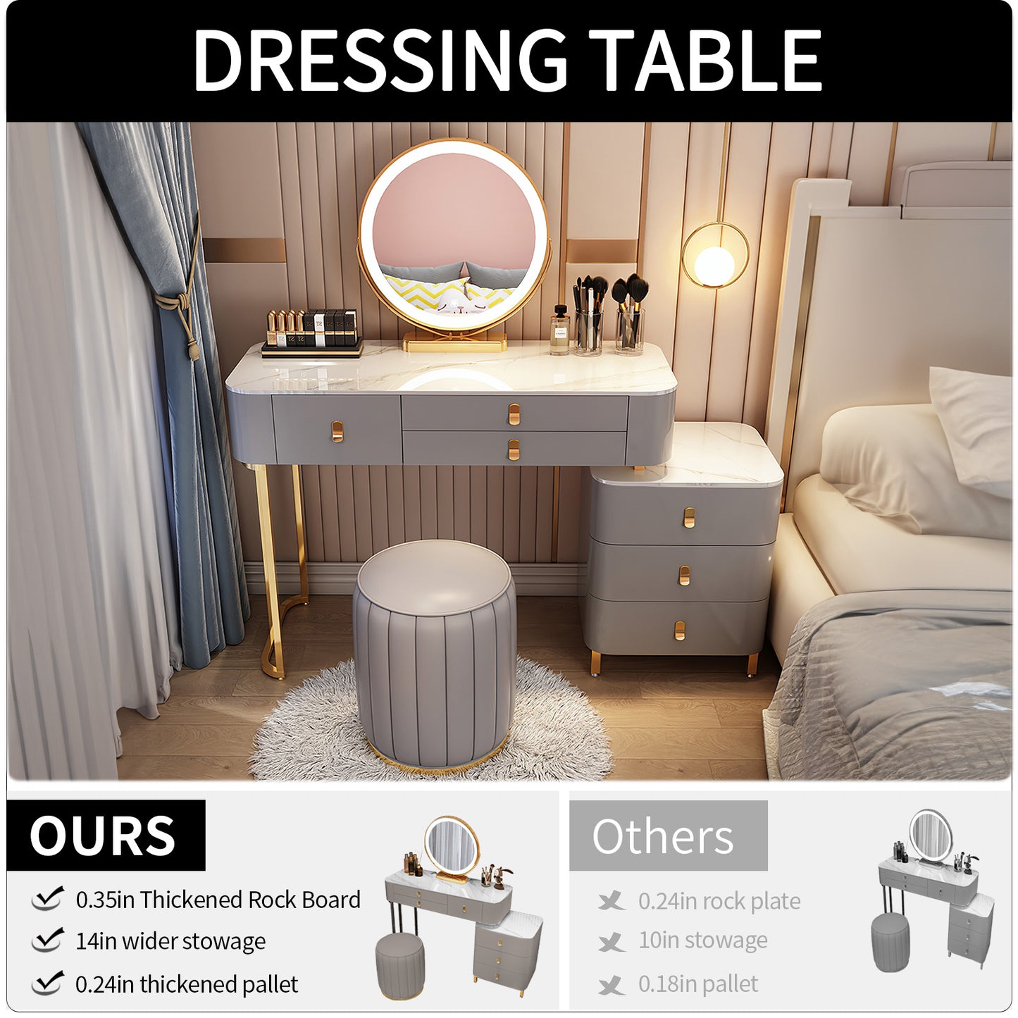Makeup Vanity Table with 5 Solid Wood Drawers and 3 Color Light Adjustable Brightness