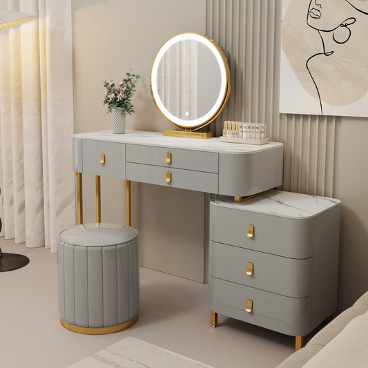 Makeup Vanity Table with 5 Solid Wood Drawers and 3 Color Light Adjustable Brightness