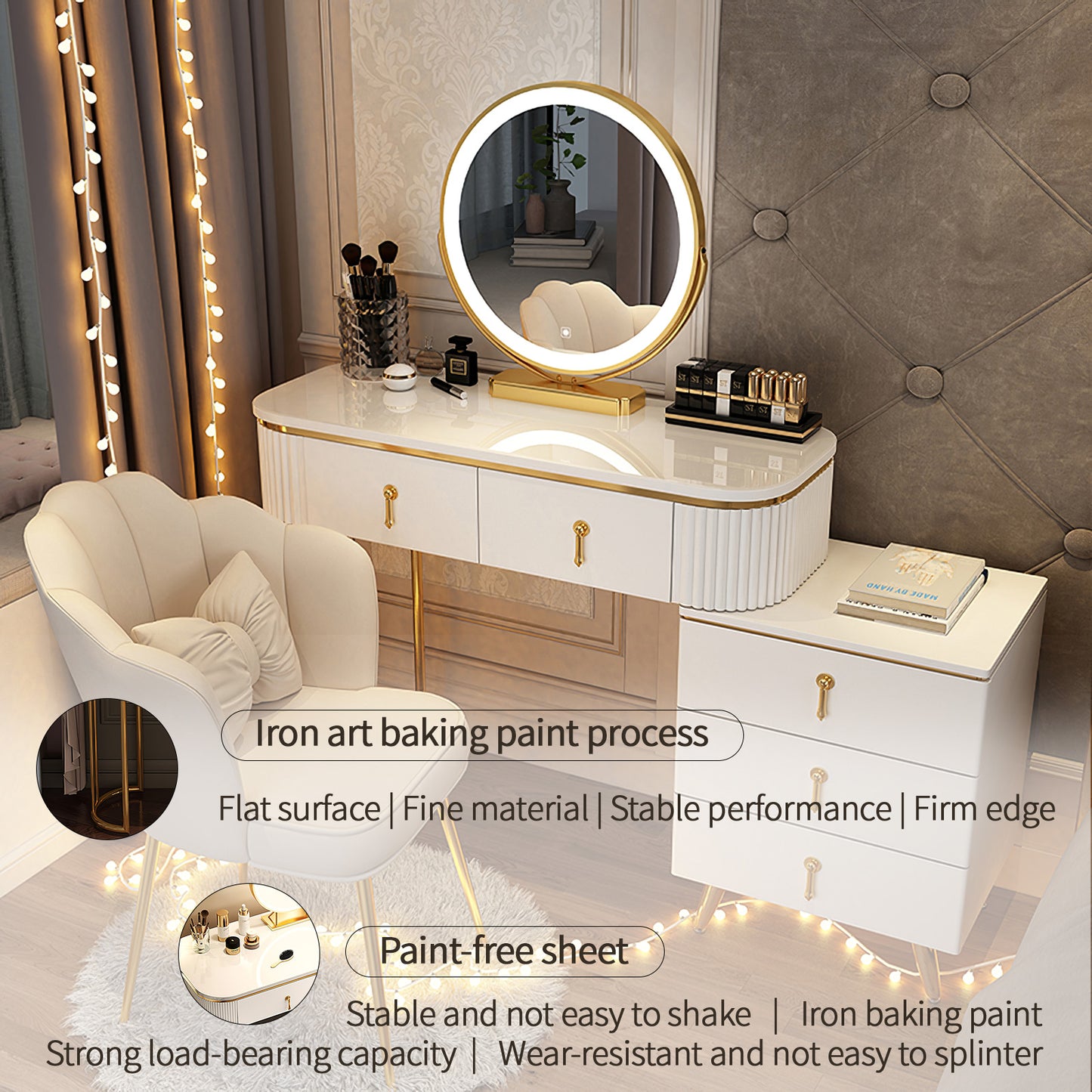 White Makeup Vanity Desk with Smart Adjustable 3-Color Lighted Mirror,5 Solid Wood Drawers&Petal Chair, Modern Dressing Table Suitable for Bedroom, for Girls Women Gifts