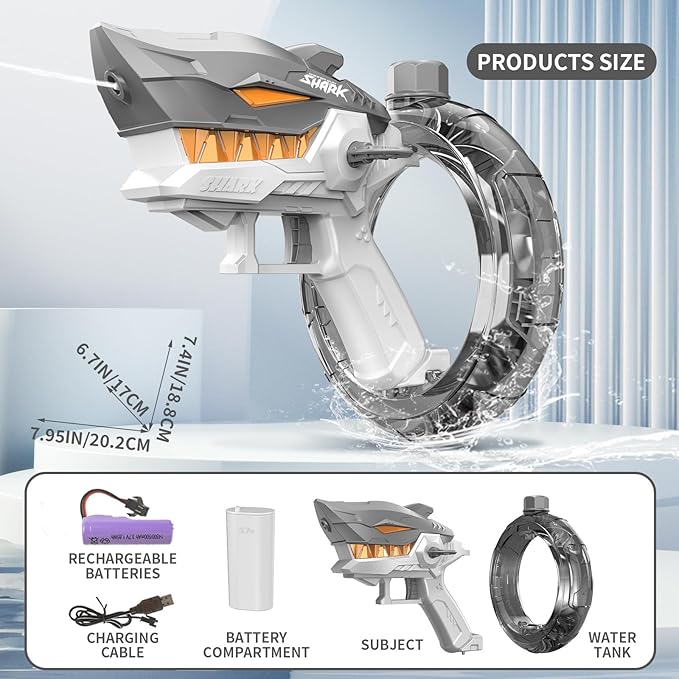 Automatic Squirt Guns Toys, Shark Automatic Water Blaster Toys, Electric Water Gun for Adults & Kids,300cc Large Capacity, Long Range 24-32 FT,Summer Swimming Pool Party and Outdoor (Grey)