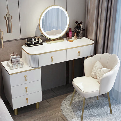 White Makeup Vanity Desk with Smart Adjustable 3-Color Lighted Mirror,5 Solid Wood Drawers&Petal Chair, Modern Dressing Table Suitable for Bedroom, for Girls Women Gifts