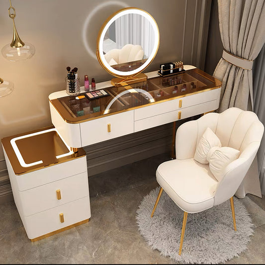 Vanity Table with Mirror,Transparent Desktop Design,Modern Vanity Set with Movable Cabinet,Large Capacity Drawers and Petal Chair for Bedroom