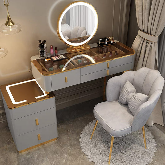 Modern Makeup Vanity Set with Lighted Mirror and Drawers,Makeup Vanity Table with Storage Cabinet and Vanity Chair, 3 Color Light Adjustable Brightness