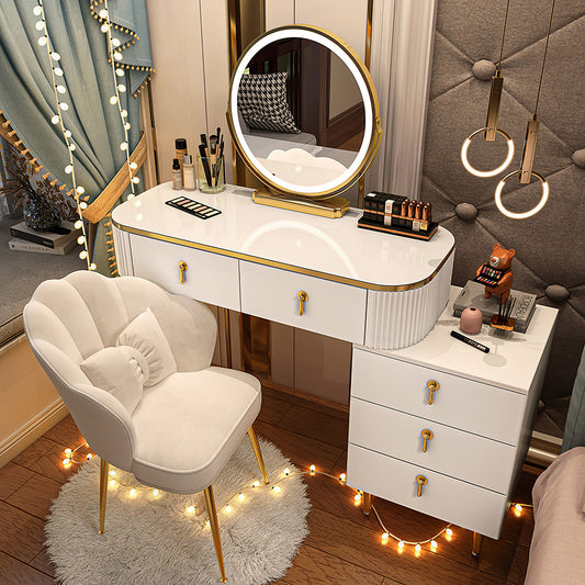 White Makeup Vanity Desk with Smart Adjustable 3-Color Lighted Mirror,5 Solid Wood Drawers&Petal Chair, Modern Dressing Table Suitable for Bedroom, for Girls Women Gifts