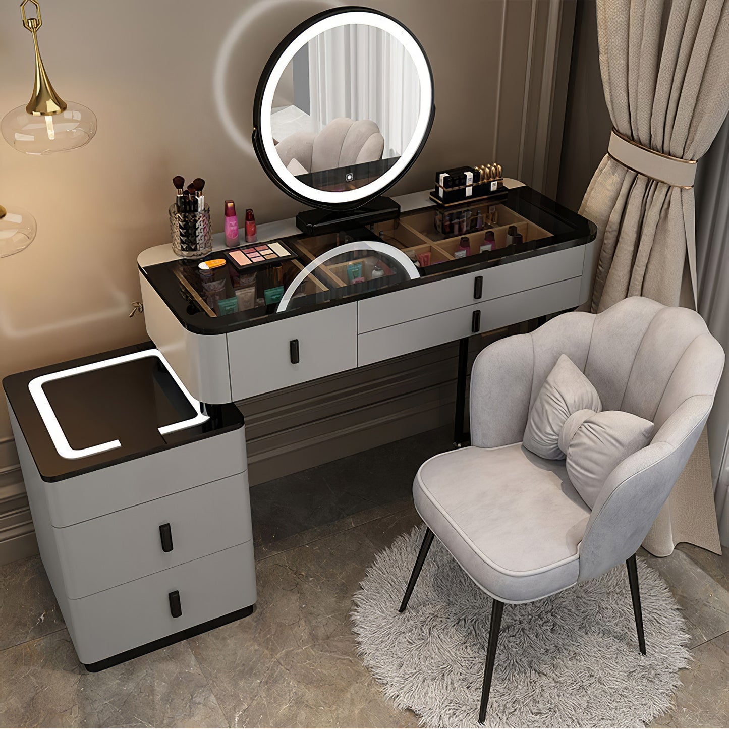 Vanity Set-Makeup Vanity Desk with Lighted Mirror,5 Solid Wood Drawers and Soft Petal Chair