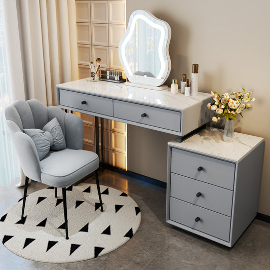 Vanity Desk with Mirror and Lights,Vanity Table with Movable Cabinet,Large Capacity Drawers and Petal Chair,Dressing Table Set for Girls Women
