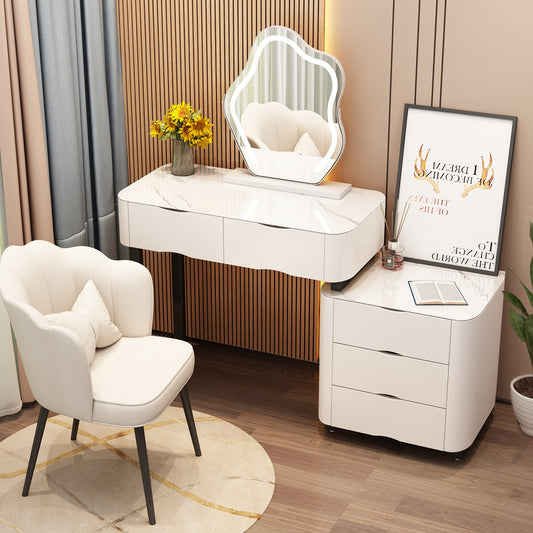 Vanity Desk with Lighted Mirror and Chair,Vanity Table Set with Large Drawers,Removable Cabinets,Mirror with 3-Color Lighted, Modern Dressing Table (White)