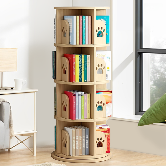 Rotating Bookshelf for Small Space,360 Display 4 Tier Floor Standing Bookcase Storage Rack (Paw, 4 Tier)
