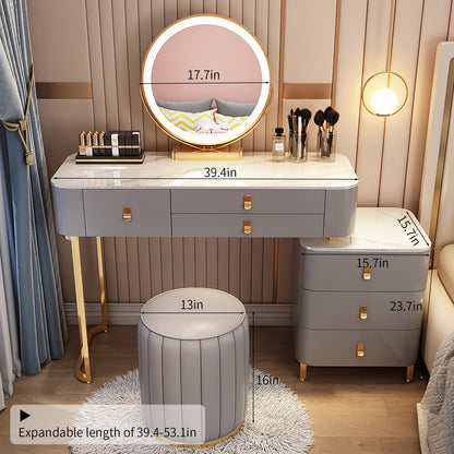 Makeup Vanity Table with 5 Solid Wood Drawers and 3 Color Light Adjustable Brightness