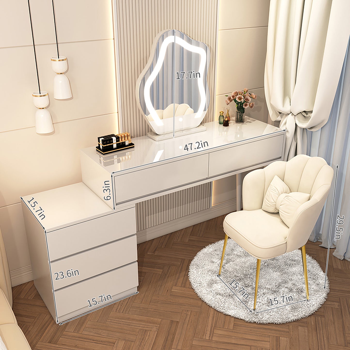 Vanity Desk with Mirror and Lights,Modern Vanity Set with Movable Cabinet,Large Capacity Drawers and Petal Chair