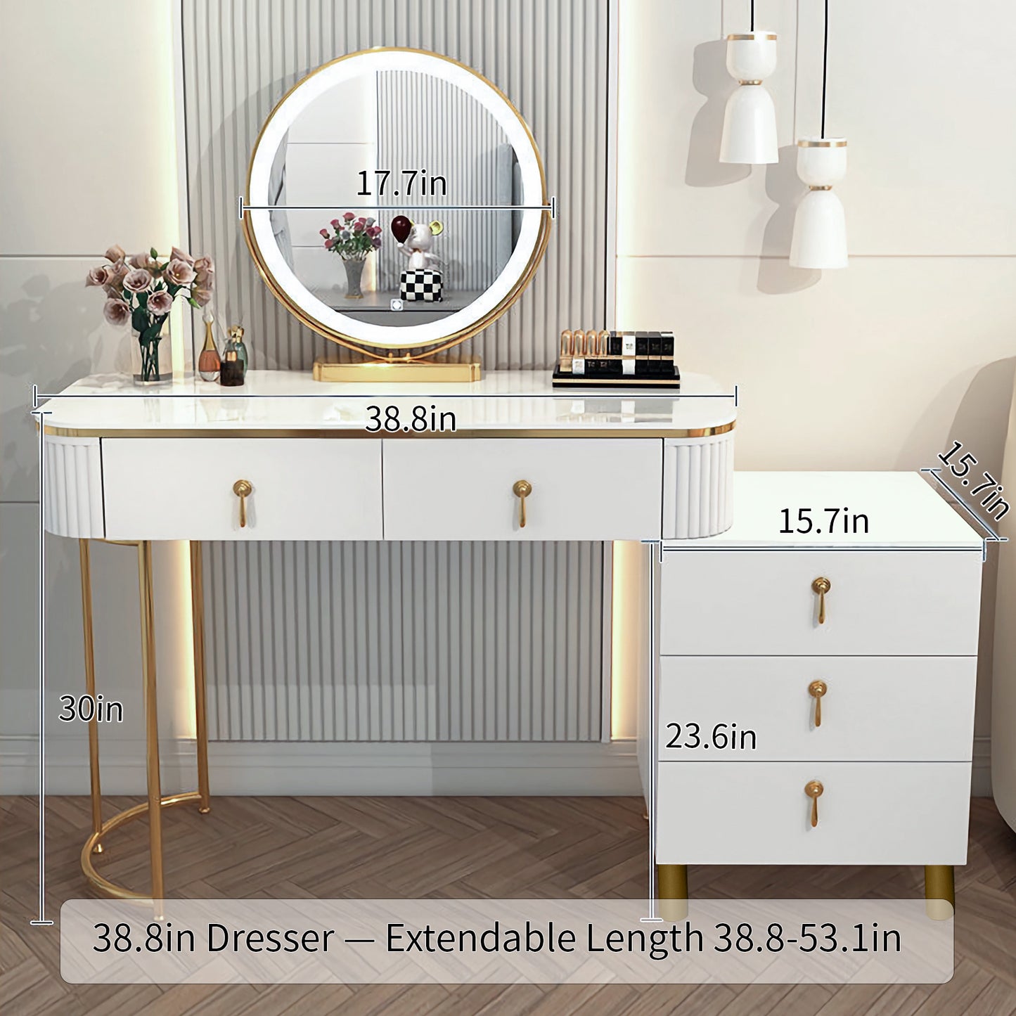 White Makeup Vanity Desk with Smart Adjustable 3-Color Lighted Mirror,5 Solid Wood Drawers&Petal Chair, Modern Dressing Table Suitable for Bedroom, for Girls Women Gifts