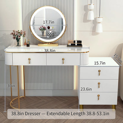 White Makeup Vanity Desk with Smart Adjustable 3-Color Lighted Mirror,5 Solid Wood Drawers&Petal Chair, Modern Dressing Table Suitable for Bedroom, for Girls Women Gifts