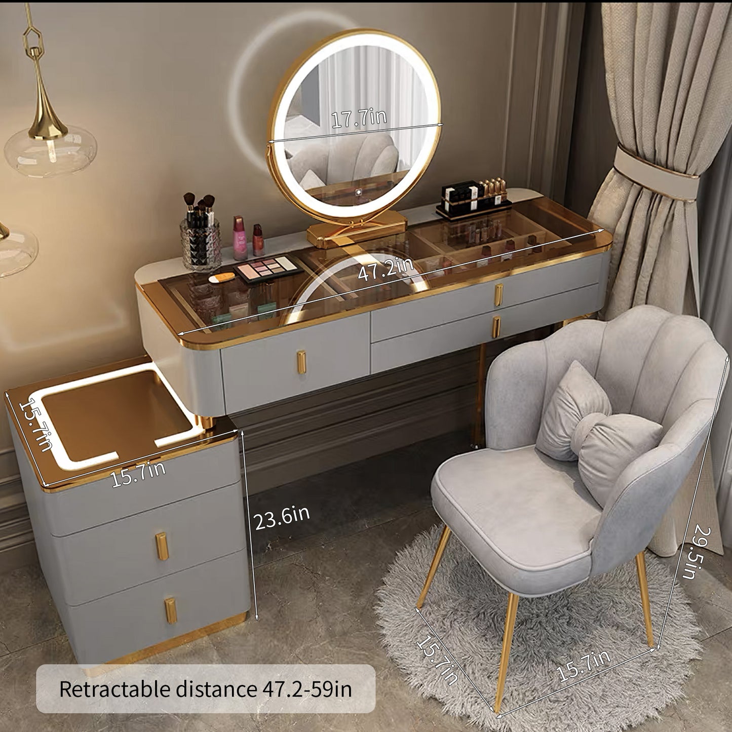 Modern Makeup Vanity Set with Lighted Mirror and Drawers,Makeup Vanity Table with Storage Cabinet and Vanity Chair, 3 Color Light Adjustable Brightness