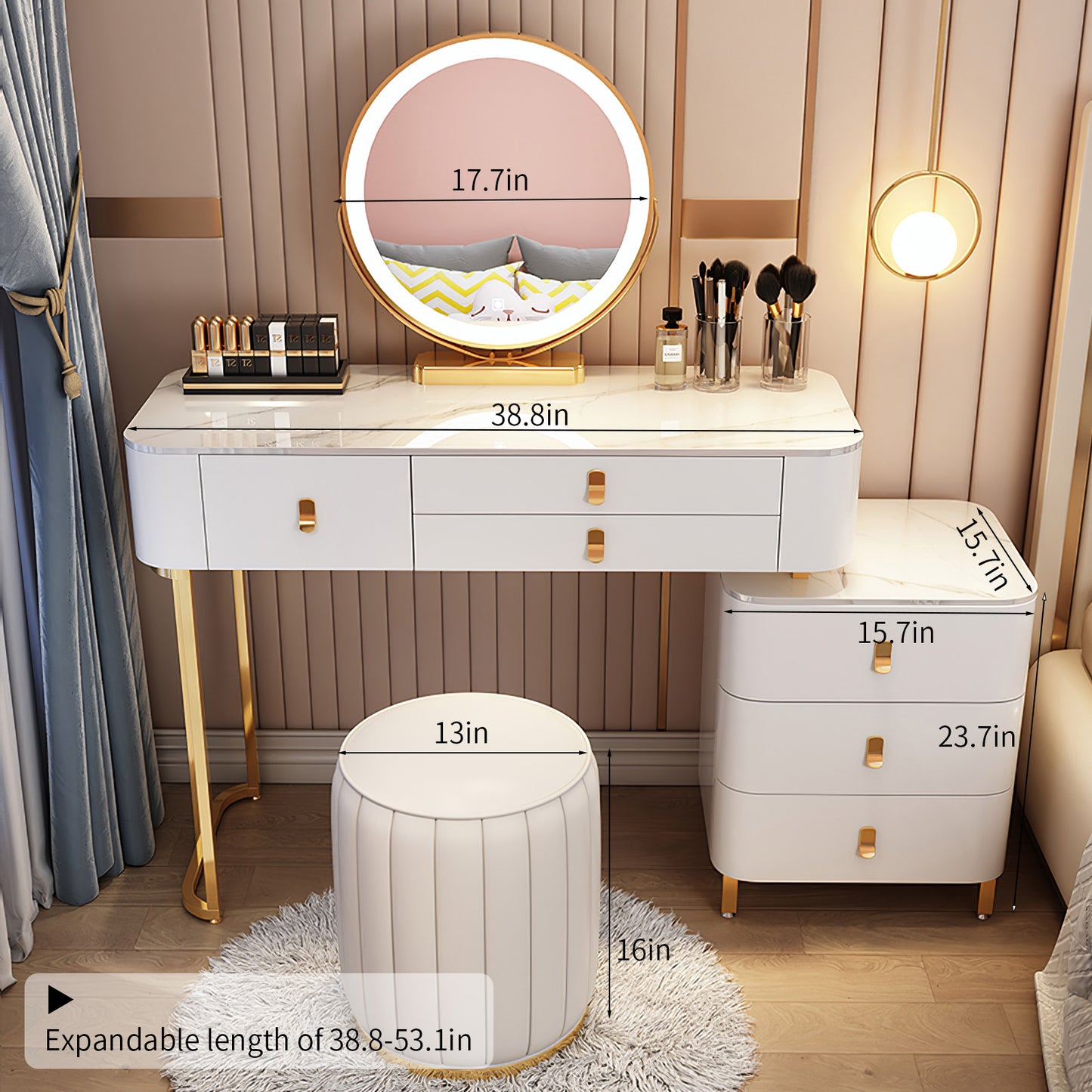 Classic curved upholstered cream-themed makeup vanity with a round stool set