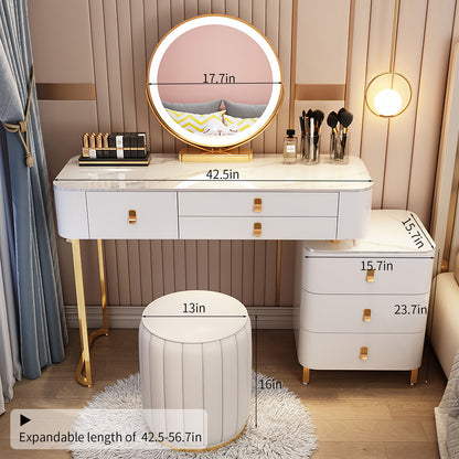 Classic curved upholstered cream-themed makeup vanity with a round stool set