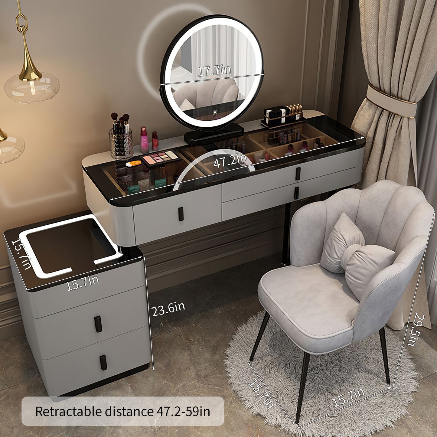 Vanity Set-Makeup Vanity Desk with Lighted Mirror,5 Solid Wood Drawers and Soft Petal Chair