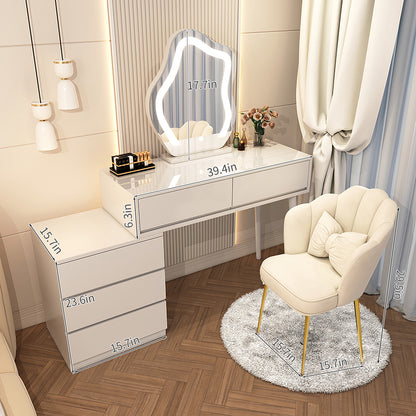 Vanity Desk with Mirror and Lights,Modern Vanity Set with Movable Cabinet,Large Capacity Drawers and Petal Chair