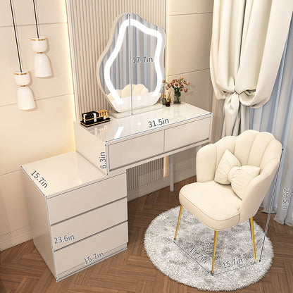 Vanity Desk with Mirror and Lights,Modern Vanity Set with Movable Cabinet,Large Capacity Drawers and Petal Chair