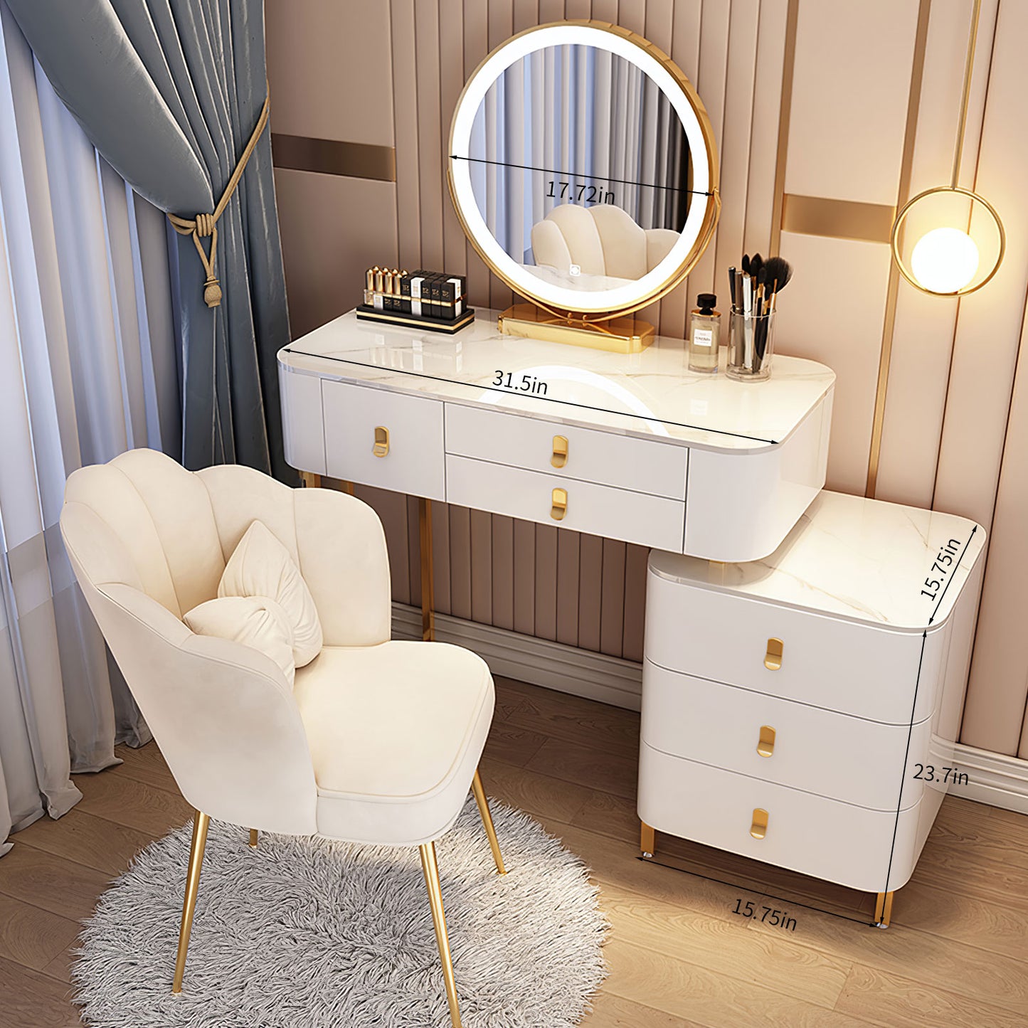 Makeup Vanity Table with Storage Cabinet and Vanity Chair,Vanity Desk with 3 Color Light Adjustable Brightness Lighted Mirror and Drawers(White)