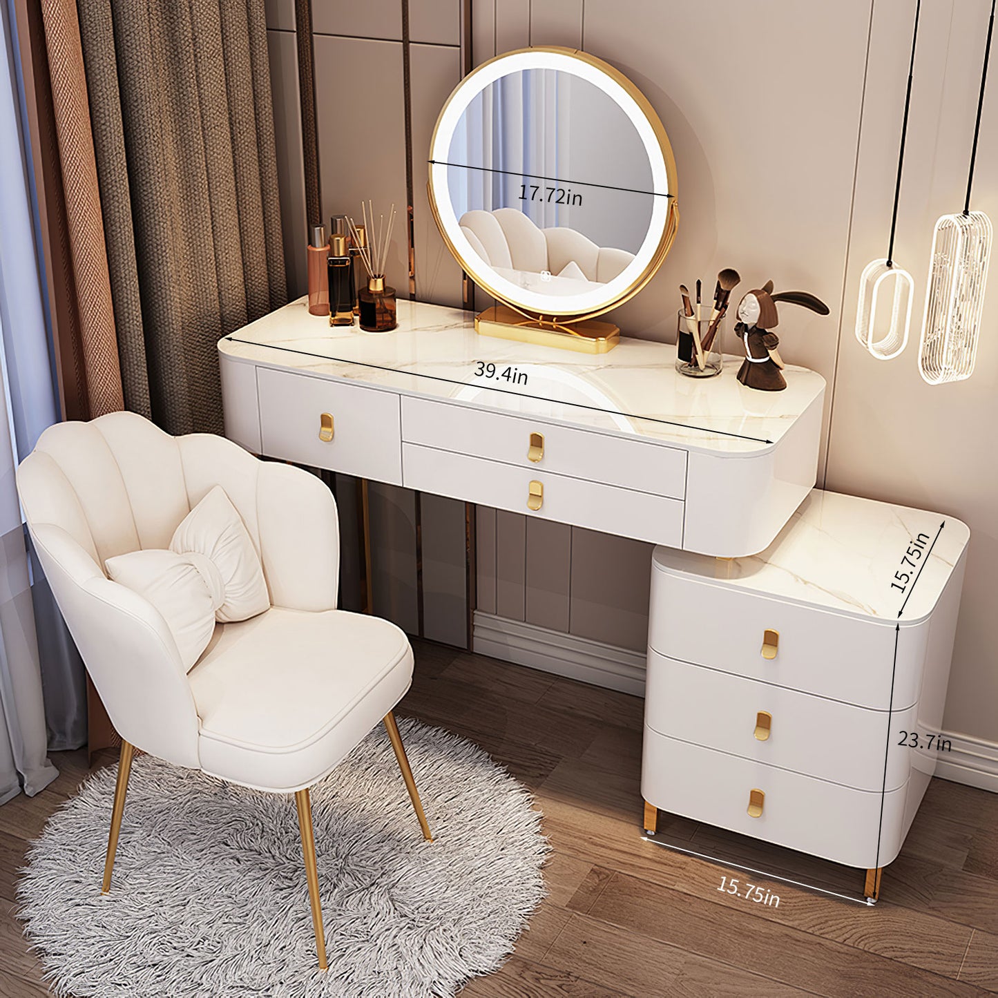 Makeup Vanity Table with Storage Cabinet and Vanity Chair,Vanity Desk with 3 Color Light Adjustable Brightness Lighted Mirror and Drawers(White)